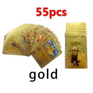 55Pcs/Set Metal Gold Black Silver Pokemon Cards TCG Sealed Booster Pack Gold Foil Cards English Version Pokemon Game Cards