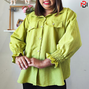 เสื้อเชิ้ตคอปก แขนพองยาว สาวอวบอ้วน ไซส์ใหญ่ ผ้าด๊อกบี้ ลายเปลือกไม้ ใส่สบาย ใส่เที่ยว ทำงาน ทำบุญ