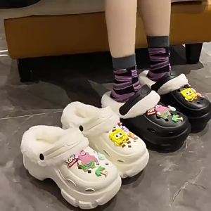 [Free Shipping] Winter plush-lined detachable womens high-heeled cute student anti-slip cotton slippers for autumn and winter