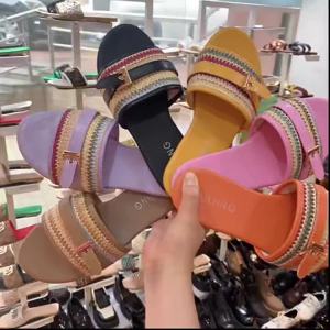 [Free Shipping] Plus-Size WomenS Sandals 2025 Summer New Style Open-Toe Flat One-Strap Color-Blocked Outdoor Beach Sandals