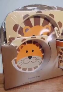 Hntob 5 In 1 Baby 12M+ Dinner Set Animals Bamboo Plate Spoon Fork Mug Eating Tableware BPA Free