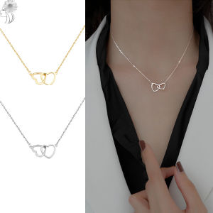 [Small Chrysanthemum] Silver Color Double Heart Choker Necklace for Women Girl Party Clavicle Chain Necklace Gifts Jewelry