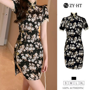 ZY·HT Summer Vintage Dinner Dress HanFu Cheongsam Dress Chiffon Black Retro Print Bubble Wrap Hip Sleeve Slim Mini Casual Floral Dress QiPao Traditional Cheongsam For Women 2024 New 4838 eravogue