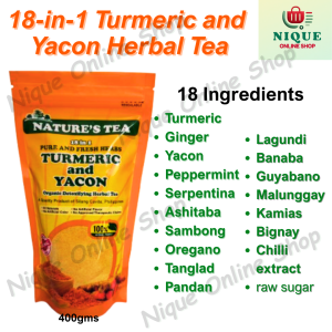 Natures Tea 18-in-1 Turmeric and Yacon Herbal Powder Tea 400grams  Organic 100% Organic MAIN INGREDIENTS: Turmeric Ginger Yacon