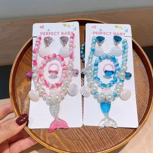 5 In 1 Kids Mermaid Jewelry Set Shell Pearl Pendant Necklace Dangle Earrings Finger Ring Cute Mermaid Themed Accessories Birthday Party Gift For Girls
