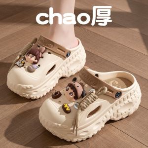 [Free Shipping] Thick-Soled High-Heeled Sandals For Women Perforated Shoes For Outdoor Wear Slip-On Beach Sandals Home Slippers WomenS Closed-Toe Slippers