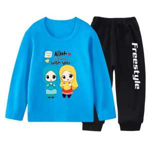 set kaos atasan celana joger anak perempuan motif gadis kembar hijab muslim lengan panjang usia 1-11 tahun bahan baby terry lembut