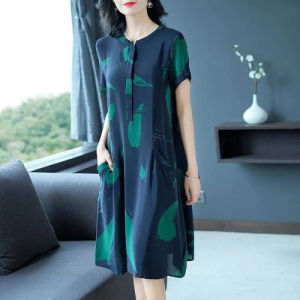 ⚡Port⚡ blouses women new style 2025 Casual Printed Dress Loose Short Sleeved Dress Women Round Neck A-line Dress