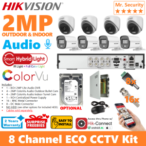 HIKVISION 8CH 2MP 1080P 8Cameras Smart Hybrid Light Audio 24/7 ColorVu Audio 8CH DIY CCTV Package Kit 8/8CRA2 ECO-CPS(4B4D) (with optional HDD) (Cables are sold separately)