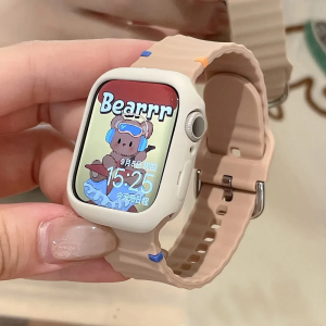 Features Cute Wavy Silicone Strap + Case For iWatch Band 49 41 45 44 38 40 42 Girl Sport Bracelet Mteal Buckle For iWatch 9 8 7 6 SE Cover