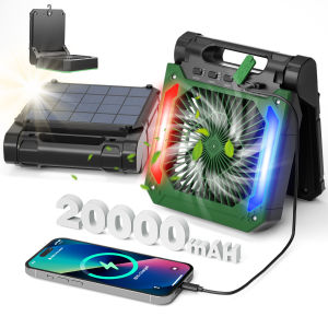 20000mAh Portable Rechargeable Outdoor Solar Fan with LED Light Adjustable Speed 3-Balde Car Home Camping