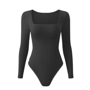 [Hottie Diary] Seamless Long Sleeve Thong Scoop Neck Bodysuit Shapewear High Compression Shapewear Round Neck Jumpsuit Top  New Style