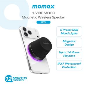 Momax BS9 1-Vibe Mood Magnetic Wireless Speaker | Phone Stand w 5 RGB Light Modes | IPX7 Waterproof Bluetooth TWS Mini Speaker | 14H Playtime