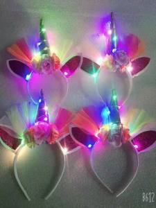 LED lights INS style Little Pony 3D unicorn with Rainbow mesh and Flowers Childrens birthday party head band accessories