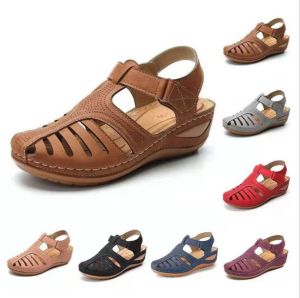[Free Shipping] New Summer WomenS Shoes Plus-Size Round-Toe Wedge Heel Comfortable With Stitched Detailing Closed-Toe Sandals And Perforated Design