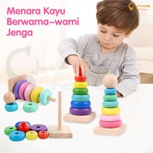 Mainan Edukasi Anak & Keluarga Donat Susun 7 Rainbow Ring Tower Kayu SNI