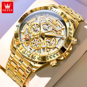 OLEVS Mens Watch Original waterproof Fashion Business Gold Watch Stainless Strap Quartz Chronograph Mens Wrist Watches