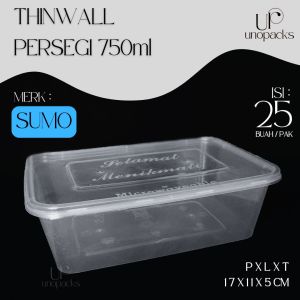 THINWALL KOTAK PERSEGI 750ML WADAH MAKANAN PLASTIK PLUS TUTUP BENING SUMO (25 PCS)