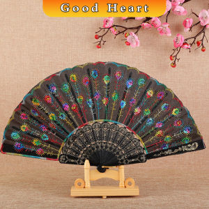 J.D. พัดลูกไม้ ปักด้วยเกล็ดกลิตเตอร์ พัดแต่งขอบลูกไม้สีดำ Lace Folding fan