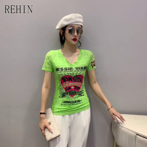 REHIN Womens top Fashion mesh green graphics printing short-sleeved T-shirt V-neck slim and thin elegant blouse
