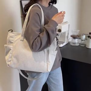 AE New Corduroy Tote Bag for Women Large Capacity for Commuting Student Class Shoulder Handbag Simple Work Crossbody Bag