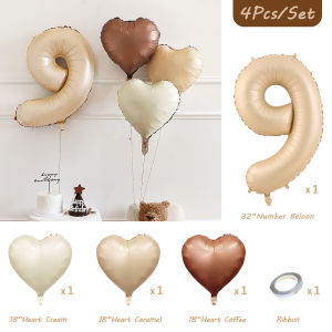 Caramel Number Balloon Set 32" Retro Style Large 0-9 Digital Balloon With Heart Shape Foil Balloons For 1st 18th 60th Birthday Anniversary Wedding Party Decorations Supplies