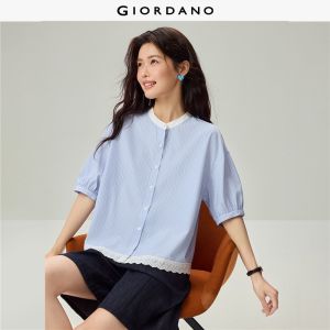 Giordano Women Striped lace trim 1/2 sleeve blouse Free Shipping 18346221