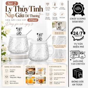 Set 2 Ly Thủy Tinh Sọc Gân 400ml Có Quai Cầm Nắp Gấu Trang Trí Và Ống Hút Thủy Tinh - LSG400