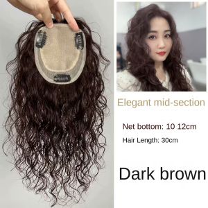 10*12-30cm 100% Human Hair Piece Curly Hair Black And Dark Brown Hair Topper Hair Replacement Cover White Hair Breathable And Lightweight Wig Increase Hair Volume For Woman