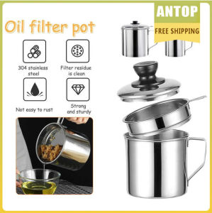Stainless Steel Oil Pot Bottle with Lid Strainer Oil Pot for Used Oil