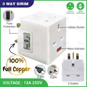 【 SIRIM 】 3 WAY ADAPTOR ADAPTER SWITCH SOCKET NEON OUTLET PLUG EXTENSION WALL HOLDER UNIVERSAL MULTI CHARGER UK SURGE MYHOME 131UK 3 WAY ADAPTOR WITH 3 SWITCH SWITCHES 13A 250V Ediyonline Ediy