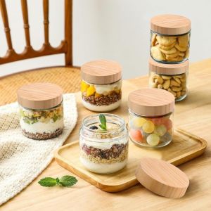 Glass Jar with Bamboo Lids Overnight Oats Containers with Lids Glass Mason Jars Reusable Meal Prep Jars with Airtight Lids for Food Yogurt Snacks Storage.