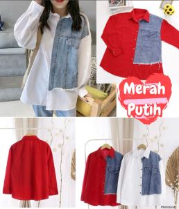 ATASAN KEMEJA KATUN SALUR KOMBINASI JEANS KOREAN IMPORT BKK BANGKOK 9057