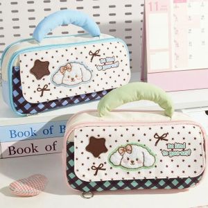 GIORGIONE Handheld Embroidered Puppy Pencil Case Soft Handle Large Capacity Cartoon Pen Bag Cute Front Flap Stationery Organizer School Supplies