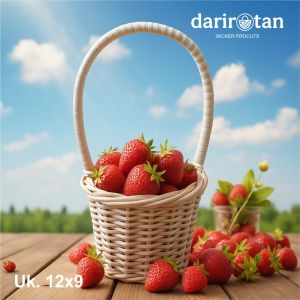 Keranjang Buah Strawberry by DariRotan Kranjang Rotan Bulat Serbaguna Bertangkai Warna Natural Rattan uk. 12x9 cm