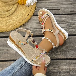 Free Shipping Plus-Size Wedge-Heeled Open-Toe Roman Sandals New Summer Bohemian Style Rhinestone Wedge Sandals
