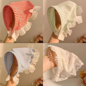 [haoh] ที่คาดผมแฟชั่นผ้าโพกศีรษะสามเหลี่ยมลายสก๊อตลูกไม้หรูหราสำหรับผู้หญิงเด็กผู้หญิงที่คาดผมอารมณ์หวานเครื่องประดับผม