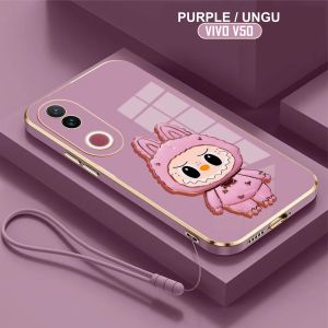 Soft Case Vivo V50 / V50 Lite Casing Labubu Dudukan Miror Kaca Free Tali Lanyard Handphone