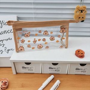 MMLUCK Dễ thương Túi bút chì capybara Thẩm mỹ Sáng Tạo Túi bút hoạt hình Túi để bàn PVC Túi văn phòng phẩm Trường học