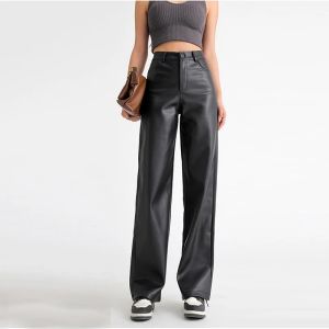 2026 Trendy Fall Winter Fleece Loose Wide Leg Warm Leather Pants Women Button Pocket High Waist Thick PU Casual Straight Pants2026