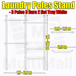 Laundry Pole Stand 3 Poles 3 Bar 2 Net Tray Drying Rack Height Adjustable Thickening Steel Tube Drying Rack Clothes No Drilling Needed Drying Rack Laundry Strong Bearing Capacity Room Space Utilization Wide Application Adjustable Poles and Mesh Tray
