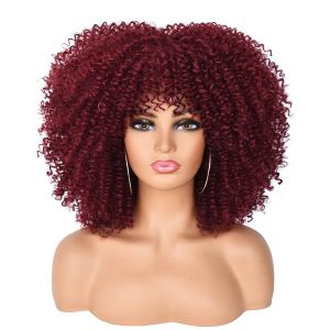 ANNISOUL Curly Afro Wigs for Black Women Curly Wig with Bangs Synthetic Wig 14inch Blue Wig with Bangs Short Curly Wigs for Black Women No GlueFull and Fluffy Like a for Daily and Work