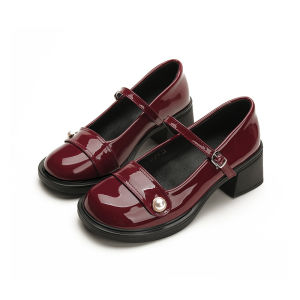 ✨CADIAES✨รองเท้าแมรี่เจน สตรี ใหม่ รองเท้าส้นสูงสีแดง ส้นหนา ประดับมุก สูง 6 ซม. เดินสบาย ราคาส่ง