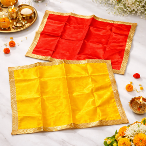 Pooja Aasan Cloth Set Red & Yellow with Gold Border | Silk Finish Mat for Pooja Diwali & Rituals (Pack of 2 Pcs | Size - 20x18 & 19x17 inch)