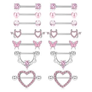 14pcs/Pack Elegant Nipple Bars and Rings Set Elegant Silver Pink Cubic Zirconia Nipple Rings for Trendy Women