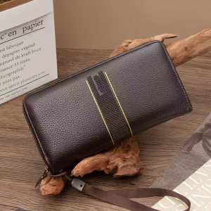ABC BAGS#8017 Trendy mens long PU leather zipper wallet features stripe accented with dual gold parallel pinstripes