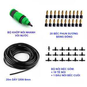 Bộ KIT phun sương tưới cây gồm 20 béc bằng đồng kèm T6mm 2 gài đầy đủ - sử dụng tưới vườn lan cây cảnh tưới phun sương làm mát không khí -
