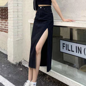 เอวสูงฤดูร้อน  ขนาดบวกแฟชั่นลำลอง  ขากว้างเซ็กซี่  เกาหลีวินเทจ ยีนส์ผู้หญิงกระโปรงยาว  สีฟ้าอ่อนเเละสีดำ