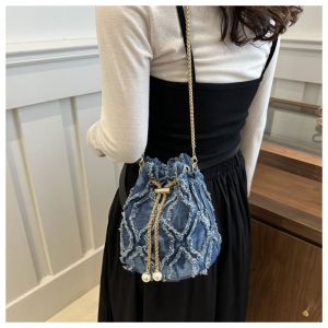 HEFEI Ngọc Trai Túi dây rút Denim Dây chuyền Túi xách Túi đeo chéo DENIM TUA RUA Thanh lịch Phong cách Hàn Quốc Túi vải đeo vai Tiệc tùng