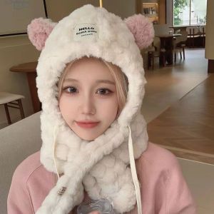 CAEXE หนาขึ้น หมวกบีนนี่หูหมี เก็บความอบอุ่น ตุ๊กตาผ้าพลัฌ หมวกไหมพรม สง่างามเรียบหรู Earflaps หมวกป้องกันหู กิจกรรมกลางแจ้งกลางแจ้ง